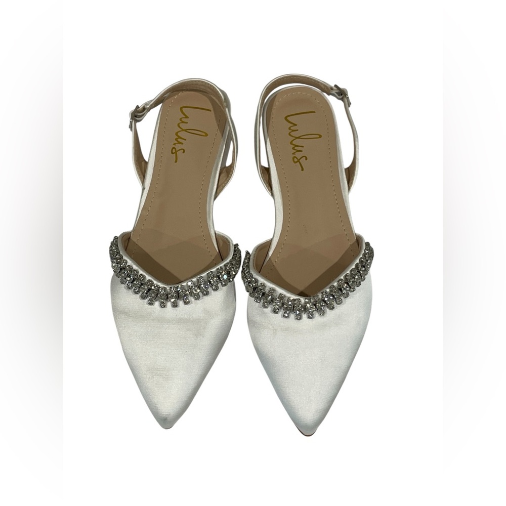 Lulu’s White‎ Satin Rhinestone Sandal Heels Size 7.5